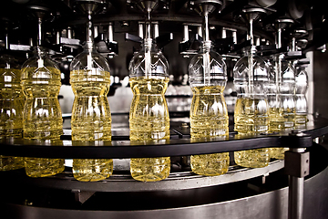 Image showing Sunflower oil in the bottle moving on production line. Shallow dof.