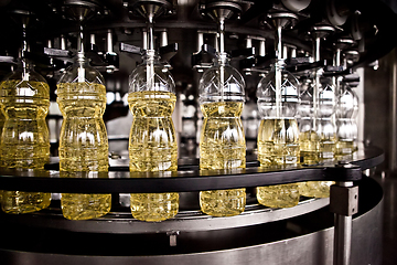 Image showing Sunflower oil in the bottle moving on production line. Shallow dof.