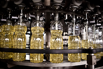 Image showing Sunflower oil in the bottle moving on production line. Shallow dof.