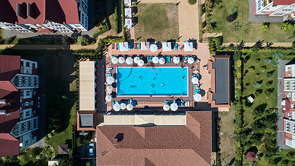 Image showing Aerial view on people in swimming pool. Top view of people sunbathing pool.