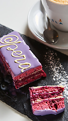 Image showing The opera cake with latte. Shallow dof.