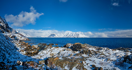 Image showing Lofoten islands and Norwegian sea in winter, Norway