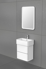 Image showing Wash basin cabinet with silver faucet and mirror
