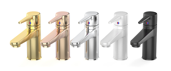 Image showing Bathroom faucets with different colors and materials