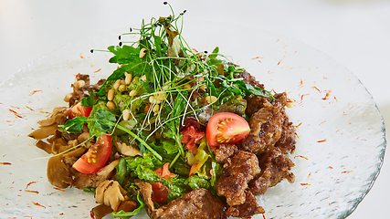 Image showing Warm salad with veal. Tasty and nutritious food