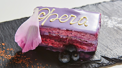 Image showing Slices of French cake opera. Shallow dof.