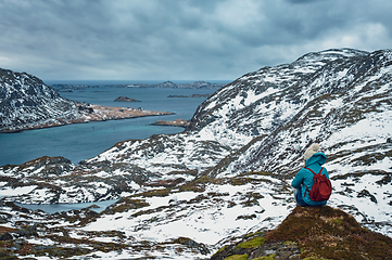 Image showing Woman tourist on Lofoten islands, Norway