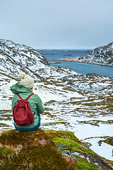 Image showing Woman tourist on Lofoten islands, Norway