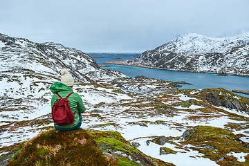 Image showing Woman tourist on Lofoten islands, Norway