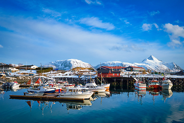 Image showing Fishing boats and yachts on pier in Norway