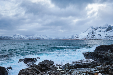 Image showing Norwegian Sea waves on rocky coast of Lofoten islands, Norway