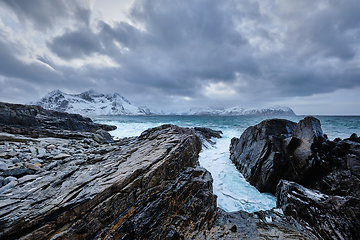 Image showing Norwegian Sea waves on rocky coast of Lofoten islands, Norway