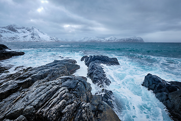 Image showing Norwegian Sea waves on rocky coast of Lofoten islands, Norway