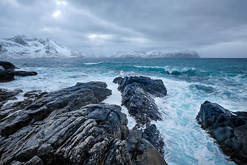 Image showing Norwegian Sea waves on rocky coast of Lofoten islands, Norway