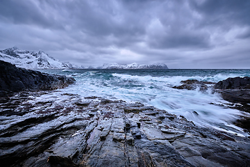 Image showing Norwegian Sea waves on rocky coast of Lofoten islands, Norway
