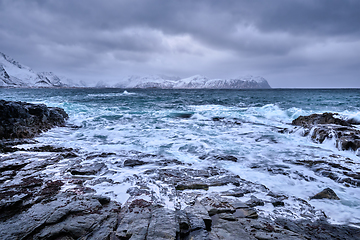 Image showing Norwegian Sea waves on rocky coast of Lofoten islands, Norway