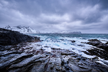 Image showing Norwegian Sea waves on rocky coast of Lofoten islands, Norway