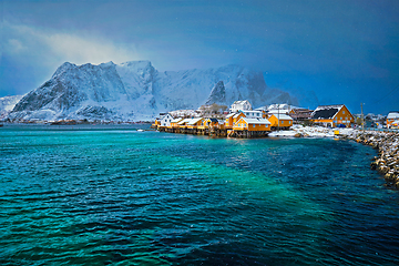 Image showing Yellow rorbu houses, Lofoten islands, Norway