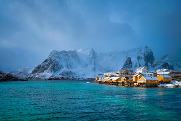 Image showing Yellow rorbu houses, Lofoten islands, Norway