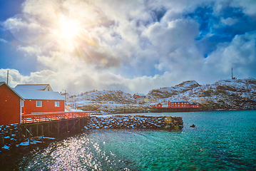 Image showing Red rorbu houses, Lofoten islands, Norway