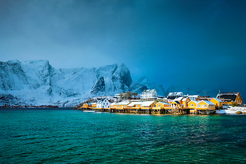 Image showing Yellow rorbu houses, Lofoten islands, Norway