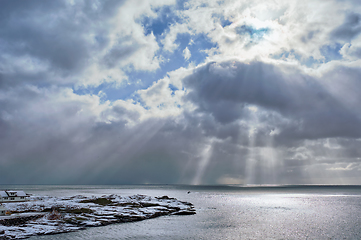 Image showing Norwegian sea in winter with sun rays