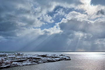 Image showing Norwegian sea in winter with sun rays