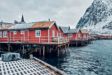 Image showing Traditional red rorbu houses in Reine, Norway