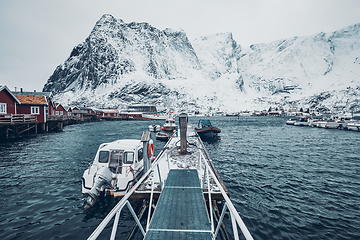 Image showing Pier with boats in Reine, Norway