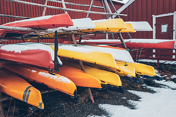 Image showing Kayaks in winter in Reine fishing village, Norway