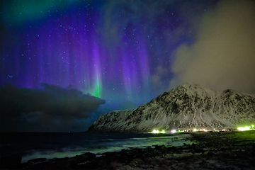 Image showing Aurora borealis northern lights. Lofoten islands, Norway