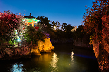 Image showing Yongyeon Pond with Yongyeon Pavilion illuminated at night, Jeju islands, South Korea