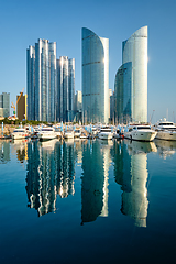 Image showing Busan marina with yachts on sunset, South Korea