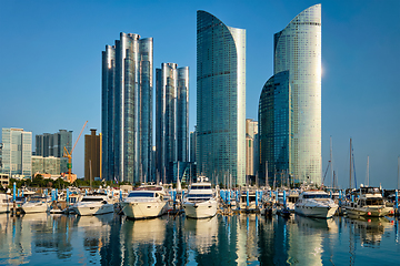 Image showing Busan marina with yachts on sunset, South Korea