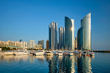 Image showing Busan marina with yachts on sunset, South Korea