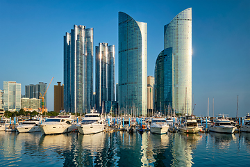 Image showing Busan marina with yachts on sunset, South Korea