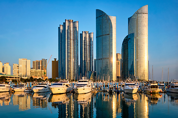 Image showing Busan marina with yachts on sunset, South Korea