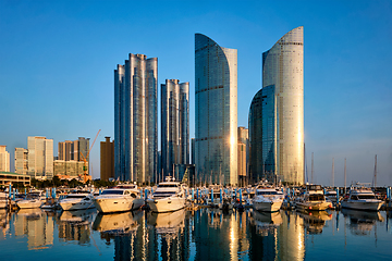 Image showing Busan marina with yachts on sunset, South Korea