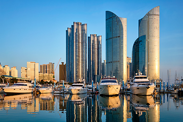 Image showing Busan marina with yachts on sunset, South Korea