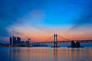 Image showing Gwangan Bridge on sunrise. Busan, South Korea