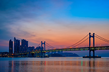 Image showing Gwangan Bridge on sunrise. Busan, South Korea