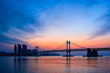 Image showing Gwangan Bridge on sunrise. Busan, South Korea