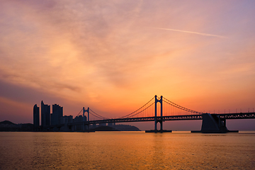 Image showing Gwangan Bridge on sunrise. Busan, South Korea