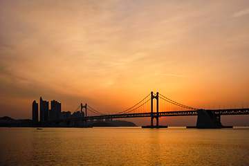 Image showing Gwangan Bridge on sunrise. Busan, South Korea