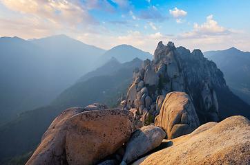 Image showing View from Ulsanbawi rock peak on sunset. Seoraksan National Park, South Corea