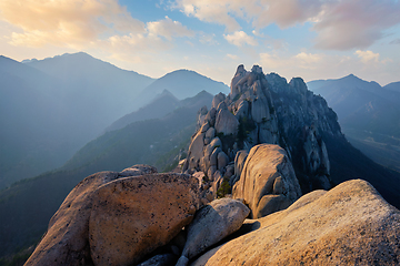 Image showing View from Ulsanbawi rock peak on sunset. Seoraksan National Park, South Corea