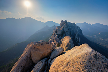 Image showing View from Ulsanbawi rock peak on sunset. Seoraksan National Park, South Corea