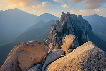 Image showing View from Ulsanbawi rock peak on sunset. Seoraksan National Park, South Corea