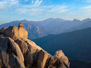 Image showing View from Ulsanbawi rock peak on sunset. Seoraksan National Park, South Corea