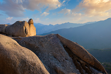 Image showing View from Ulsanbawi rock peak on sunset. Seoraksan National Park, South Corea